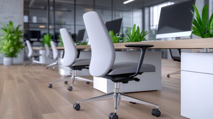 Modern office interior with light gray ergonomic chairs, wooden desks, and potted plants. Bright, minimalist workspace with natural light