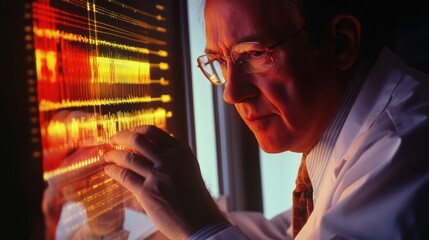 Scientist Analyzing Genomic Data on Transparent Digital Screen in Laboratory