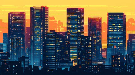 Vibrant city skyline at sunset with illuminated buildings and a colorful sky backdrop