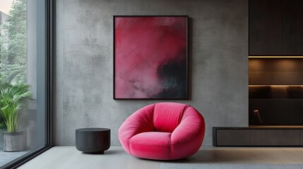 Stylish Pink Chair Positioned Near a Modern Artwork in a Contemporary Living Space With Greenery and Minimalist Decor