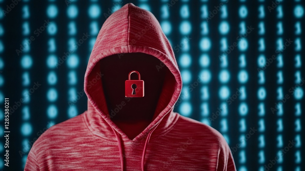 Poster a person in a red hooded sweatshirt is shown with a padlock in place of their face against a backgro