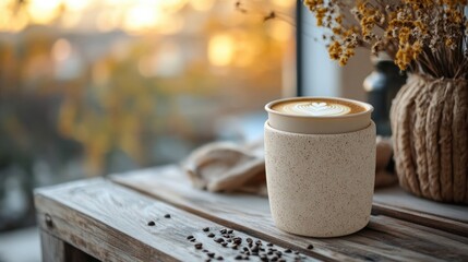 Cozy Coffee Cup with Latte Art on Rustic Wooden Table with Blurred Nature Background