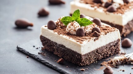 Delicious Chocolate Mousse Cake Decorated with Chocolate Balls and Mint Leaves : Generative AI