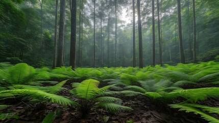Lush Green Ferns Flourish Beneath a Misty Forest Canopy