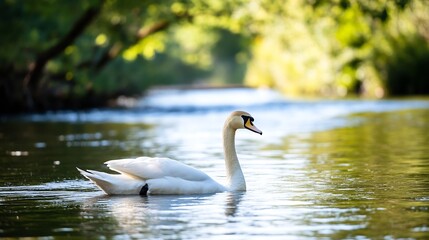 Obraz premium Elegant White Swan Gracefully Swimming in a Calm Reflective Pond : Generative AI