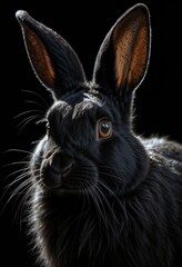 Fototapeta premium Close-up of a cute black rabbit with expressive eyes against dark background, copy space 