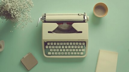 writing themed home office workspace concept with cream colored vintage / retro typewriter on a mint desk - flatlay / top view