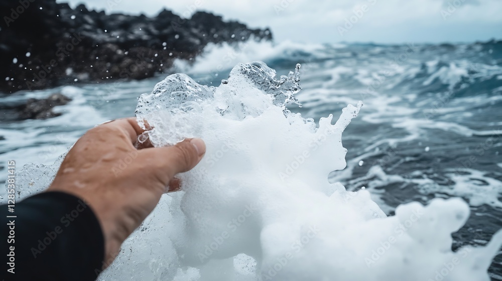 Aufkleber dynamic ocean waves crashing against rocky shoreline with a hand reaching out to touch the foam wate