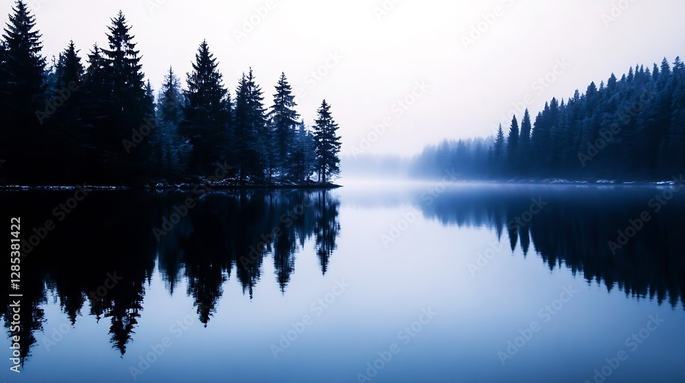Poster stunning misty landscape with reflections of pine trees on a calm serene lake in a winter wonderland