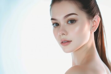 Fototapeta premium close up face portrait of young pretty Asian woman with bright flawless skin, beauty cosmetic or skincare fashion portrait with copy space isolated on white background,