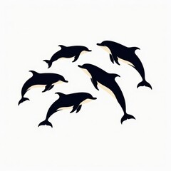 Playful pod of graphic dolphins on white