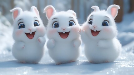 Obraz premium Cute Rabbits in Snow. Happy Winter Forest
