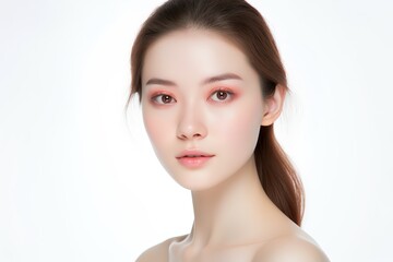 Obraz premium close up face portrait of young pretty Asian woman with bright flawless skin, beauty cosmetic or skincare fashion portrait with copy space isolated on white background,