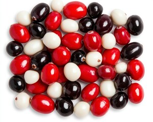 Close up view of a pile of small, round berries in red, black, and white. The berries are smooth and glossy, and they are arranged in a seemingly