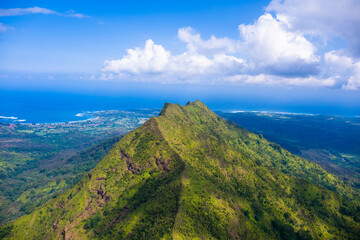 Aerial View of Mount Sleeping Giant on Kauai Island with Pacific Ocean and Coastal Town, Hawaii