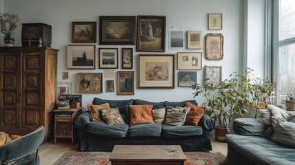 Cozy vintage living room with art gallery wall, comfortable furniture, and plants
