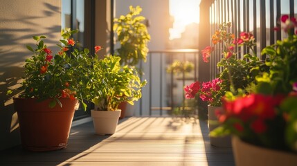 Fototapeta premium Bright Morning on a Balcony Garden With Colorful Flowers and a Warm Sunlight Glow in an Urban Setting
