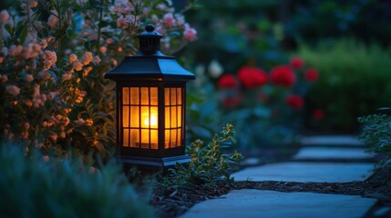 Cozy Garden Lantern Illuminating Pathway Surrounded by Colorful Flowers at Dusk