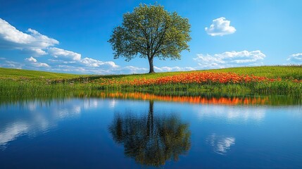 A serene summer landscape features a calm lake reflecting the blue sky, with a lone tree and colorful flowers adding to the beauty