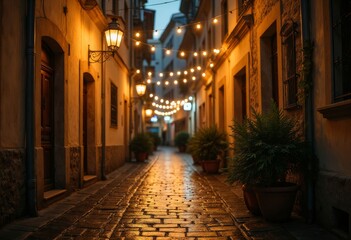 Obraz premium Romantic European Cobblestone Street With Warm Lighting