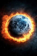 Fiery ring of fire encircles a pixelated Earth against a dark, starlit space background. The planet shows a mixture of gray and blue tones