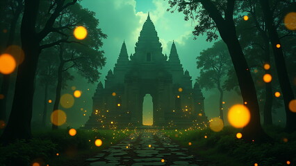 Mysterious temple surrounded by lush green trees and glowing orbs of light in a foggy forest under softly diffused sunlight creating an enchanting atmosphere.