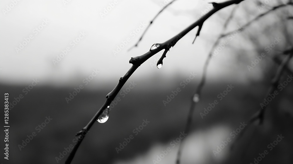 Aufkleber Close-up of water droplets hanging from a branch against a blurred background in monochrome : Generative AI