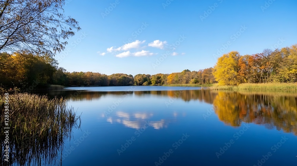 Poster Scenic Autumn Reflection on Calm Lake Surrounded by Colorful Trees : Generative AI