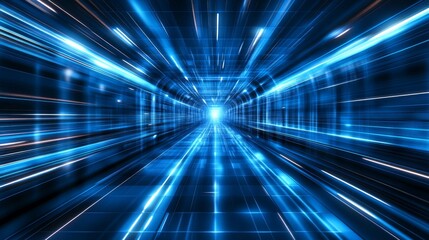 Fototapeta premium Futuristic digital tunnel with blue light streaks, conveying speed and technology in motion