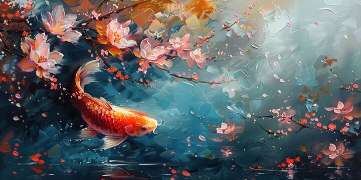 oil painting style illustration, Koi fish swimming in pond under cherry flower blossom field  ,cute and adorable wildlife, idea for wall art decor and background wallpaper