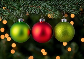 Three Christmas ornaments in red and green hang from a pine branch against a bokeh background of warm lights