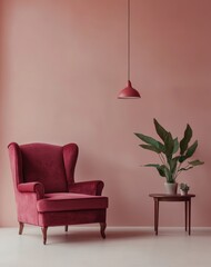 Obraz premium Elegant Red Velvet Chair Beside a Potted Plant in a Minimalist Room With Soft Pink Walls and Ambient Lighting Hanging From the Ceiling
