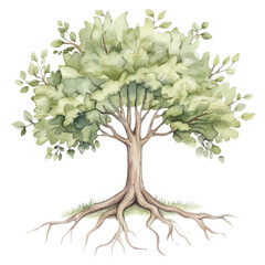 A beautiful watercolor illustration of a tree with lush green leaves and a detailed root system, perfect for nature-themed designs.