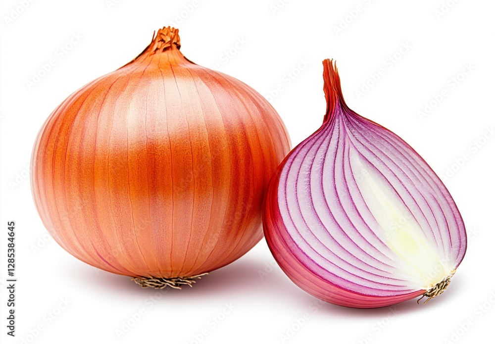 Poster red onion and half of red onion isolated on white background. close up view showcasing the bulb's la