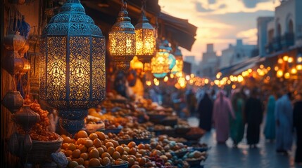 Fototapeta premium A bustling market during Ramadan, with stalls selling fruits, nuts, and decorative lanterns, soft evening light in the background 