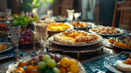 A close-up of a beautifully set Ramadan dinner table, filled with traditional sweets like kunafa, baklava, and fruit salads 