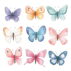 Obraz premium A collection of beautifully illustrated butterflies in various colors and patterns, isolated on a white background.