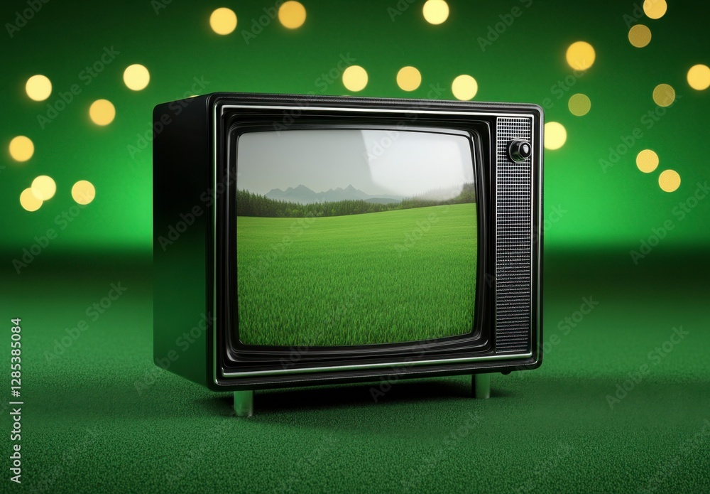 Poster retro black television displaying a scenic landscape on a green background with bokeh lights. the im