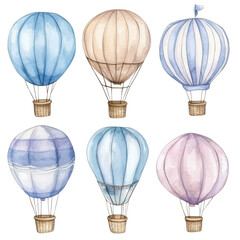 A collection of colorful hot air balloons in various designs, showcased on a white isolate background, perfect for travel-themed projects.