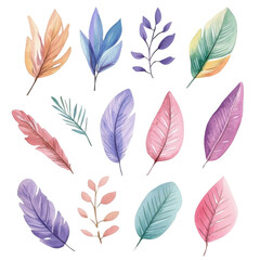 A collection of colorful, artistic leaves in various shapes and styles, perfect for nature-inspired designs or crafting projects.