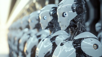 Fototapeta premium A Line of Advanced Humanoid Robots in a Factory Setting