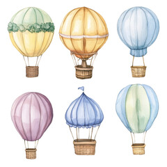 A collection of six beautifully illustrated watercolor hot air balloons in various colors, each unique in design, ideal for artistic and whimsical themes.
