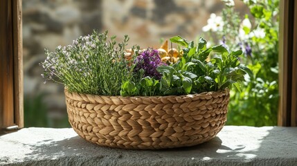 Fresh Herbs and Edible Plants in a Woven Basket on a Sunlit Windowsill