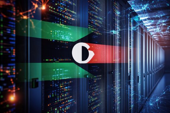 Digital data processing with Libya flag overlay in a server room, flag of libya and digital data processing over computer servers - Powered by Adobe