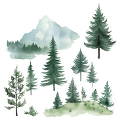Fototapeta premium A collection of watercolor evergreen trees and a soft mountain backdrop, all on a white isolated background, perfect for nature-themed designs.