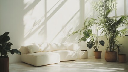 Bright and Spacious Modern Living Room Featuring Large Windows, Comfortable Seating, and Lush Indoor Plants in a Contemporary Setting