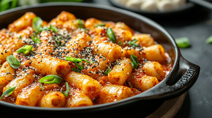 Korean Tteokbokki dish with rice cakes in spicy red sauce, topped with sesame seeds and green onions. A flavorful, spicy, and delicious meal perfect for snack time