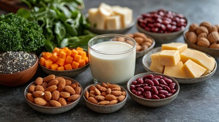 Healthy protein, dairy & vegetable food groups arranged on a dark surface