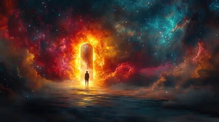 A series of colorful doors opening into a cosmic landscape, symbolizing new opportunities and adventures Vibrant colors and a celestial background evoke a sense of wonder and exploration