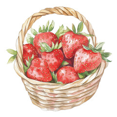A hand-drawn illustration of a wicker basket filled with ripe, red strawberries, showcasing their vibrant color and fresh appearance.